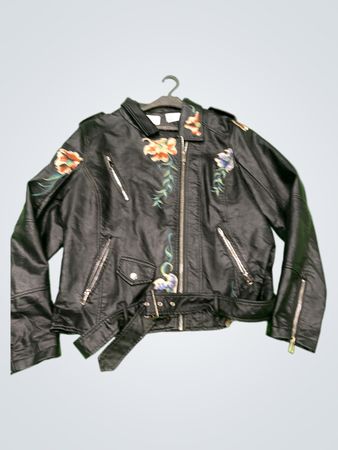 Black Leather Motorcycle Jacket with Floral Embroidery