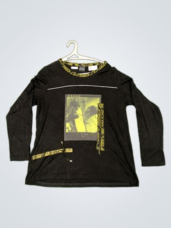 Schwarzes Langarmshirt mit Grafikdruck und Leopardenbesatz