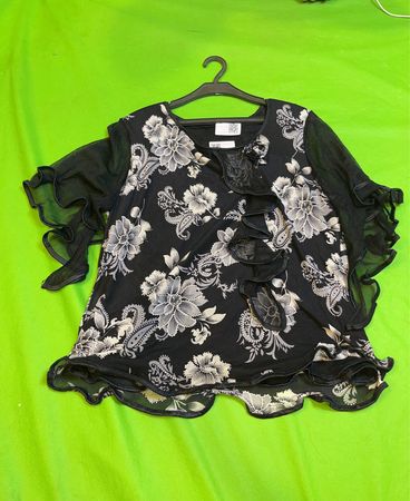 Vintage Vanguard Schwarze Blumenprint Durchsichtige Ärmel Bluse