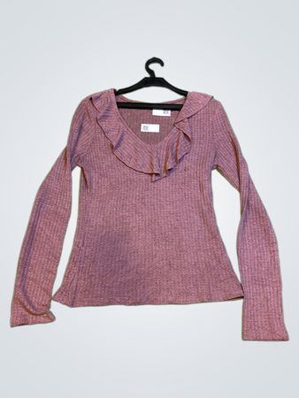 Vintage Vanguard Rüschenausschnitt Rippen Langarmshirt