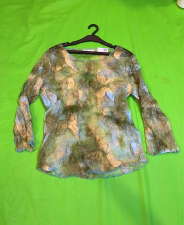 Vintage Vanguard abstrakter Druck durchscheinendes Langarmoberteil