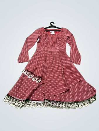 Kleid V Langarm Polka Dot Spitze Trim Kleid