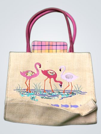 Stroh-Tasche mit Flamingo-Stickerei und pinken Griffen