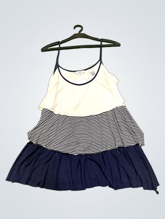 Phildar gestuftes Kleid mit marinefarbener Borte und Streifen