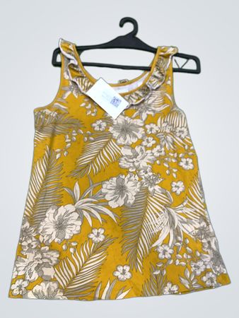 Ärmeloses Oberteil mit gelbem Blumenmuster und Rüschen