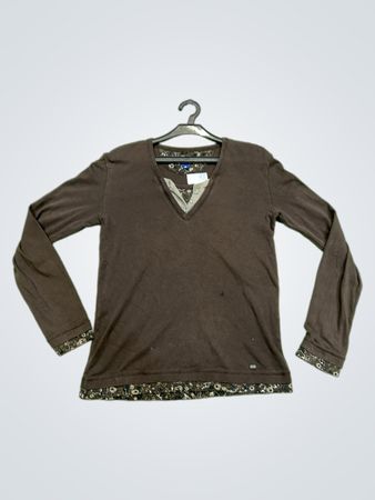 CECIL Damen Langarm V-Ausschnitt Braunes Blumenmuster Shirt Größe M