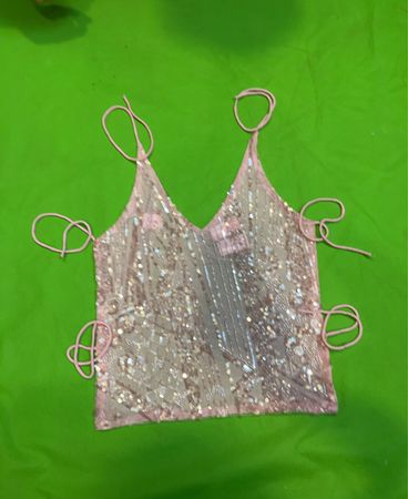 Upcycled Pink Sequin Tank Top with Tie Straps