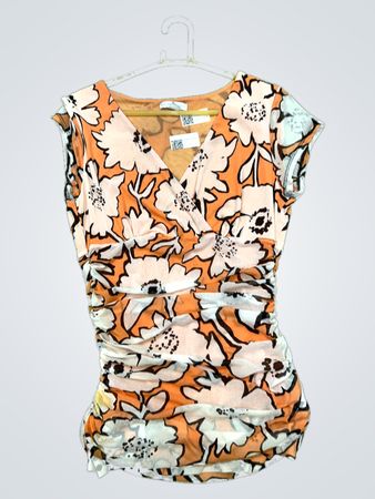 NEW YORK & COMPANY Orange Floral Ruched V-Neck Top