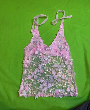 Upcycled Pink floral sequin mesh tank top