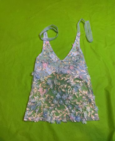 Upcycled Sheer floral embellished tank top