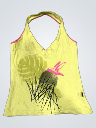 RICARTEX Yellow Halter Top with Hummingbird and Tropical Leaf Graphic