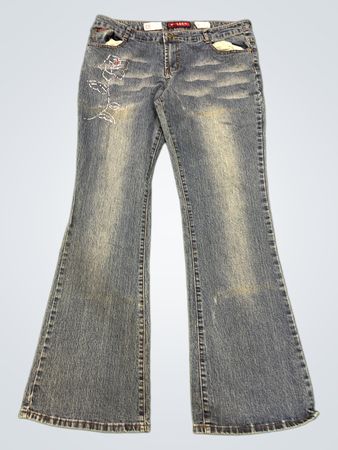 L.S.X.Q Damen Flared Jeans mit Strass-Blumenmotiv