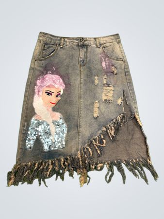 Jeansrock mit Elsa-Grafik und distressed Details