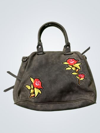 Dunkelgraue Handtasche mit Rosenausstickung