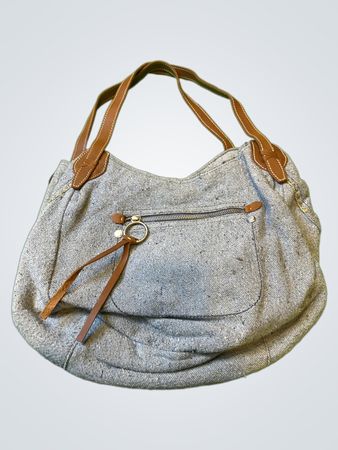 Grau Tweed Schultertasche mit braunen Ledergriffen