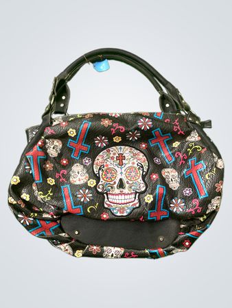 Schwarze Handtasche mit Schädel- und Kreuzdruck