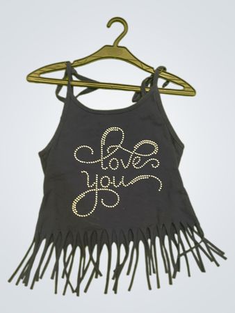 Marineblaues Tanktop mit 'love you' Strass-Design und Fransenumschlag