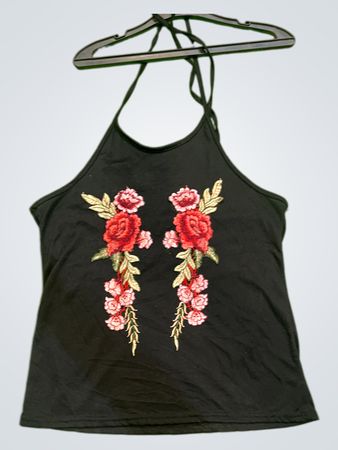 Schwarzes Trägershirt mit floralem Stickerei