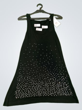 Schwarzes ärmelloses Kleid mit Strassverzierung