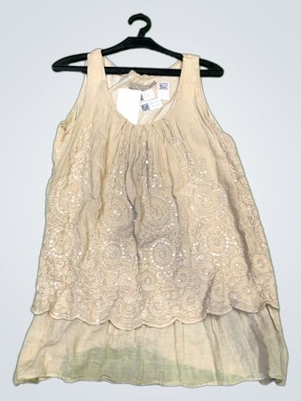 Beiges ärmelloses Top mit Pailletten und Spitzen-Details