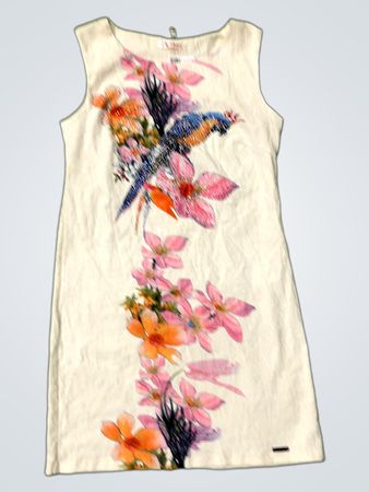 Weißes ärmelloses Kleid mit Vogel- und Blumenmuster