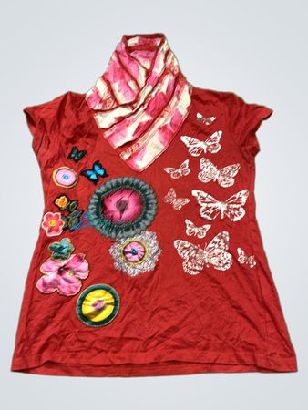 Red T-shirt with Butterflies and Floral Appliques