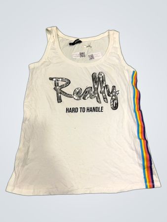Weißes Trägershirt mit dem Text "Really HARD TO HANDLE" und Regenbogenstreifen