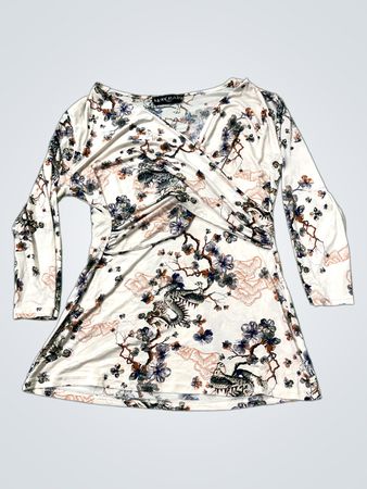 MODÉ RATO Paris Weiße Drachen- und Blumenmuster Wickelbluse