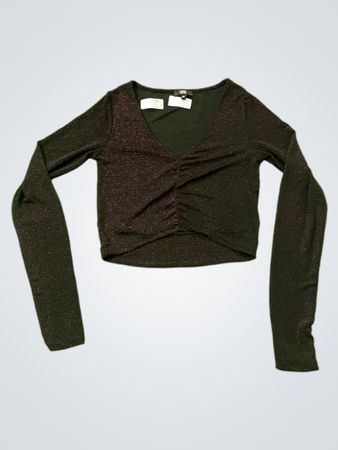 „JA NEIN Schwarzes gerafftes Glitzer Langarm-Crop-Top“