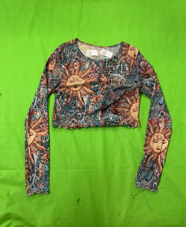 Langärmliges Mesh-Crop-Top mit Sonnenmotiv