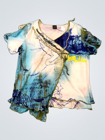 IRUC Damen Blaue Abstrakte Druck Asymmetrische Rüsche Oberteil