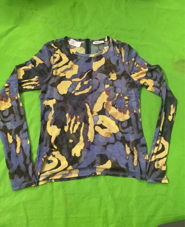 WEEKDAY Blau Gelb Schwarz Abstrakter Druck Langarm Mesh Zip Top