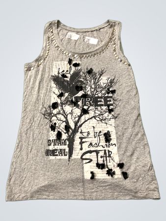 Grau Tanktop mit Baum- und Vogelgrafik