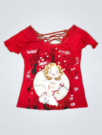Rotes T-Shirt mit grafischem Druck und Spitzenrücken