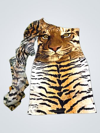 Tiger Print One-Shoulder Kleid mit Schal