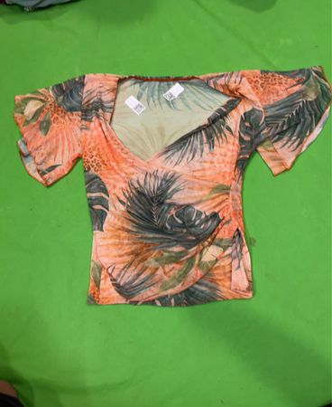 Damen Tropical Print Mesh Top