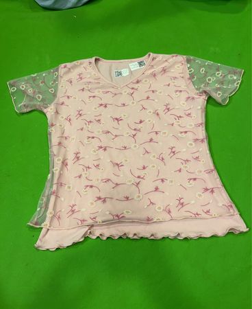 Rosa Floral-Print-Mesh-Ärmel-T-Shirt