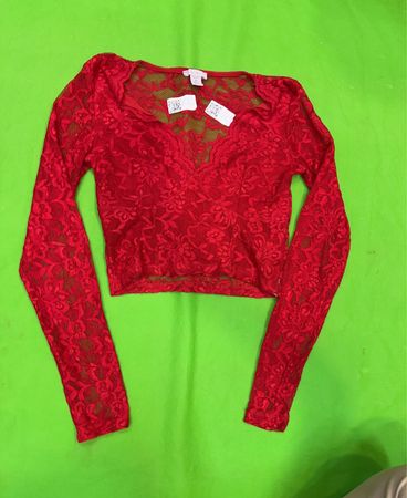 AMISU Roter Spitzen-Baumwollcropped-Longsleeve-Top