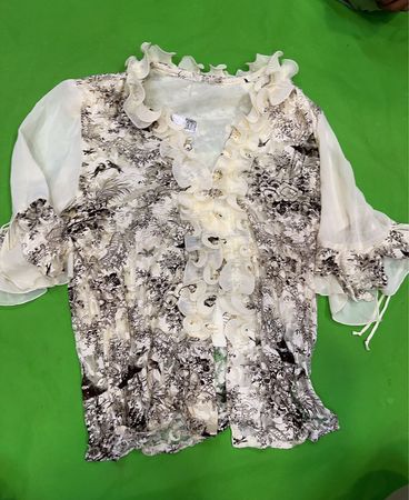 Durchsichtige Rüschbluse mit Blumen- und Vogelprint