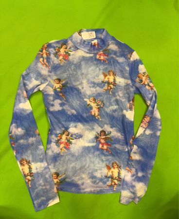 Langarm-Mesh-Top mit Cherub-Druck