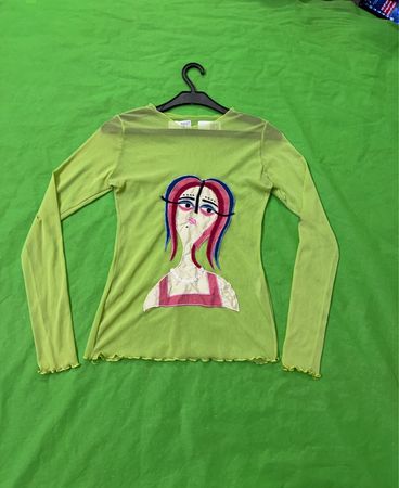 Upcycled Lime Green Mesh Long Sleeve Top with Graphic Print