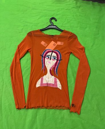 Upcycled Orange Mesh Long Sleeve Top with Graphic Print