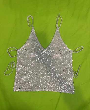 Upcycling Pailletten Cropped Top mit Bändern