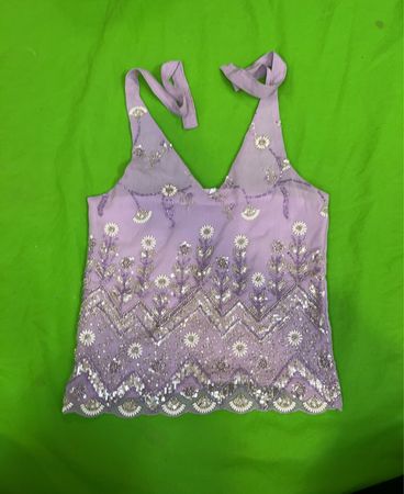 Upcycled Lila Halterneck-Top mit Verzierungen