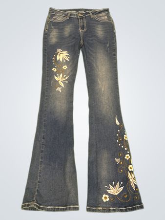 Upcycled Blue Flare Jeans with Floral Embroidery