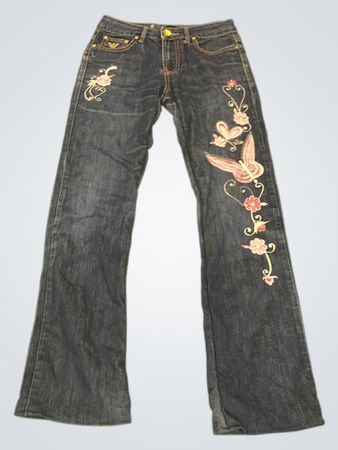 Upcycled Emporio Armani bestickte Schlagjeans