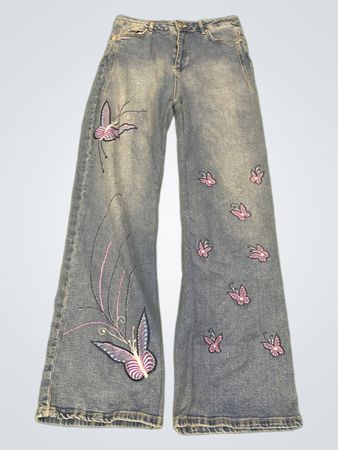 Upcycled INSIDE DENIM Damen Butterfly Bestickte Weite Beinhosen