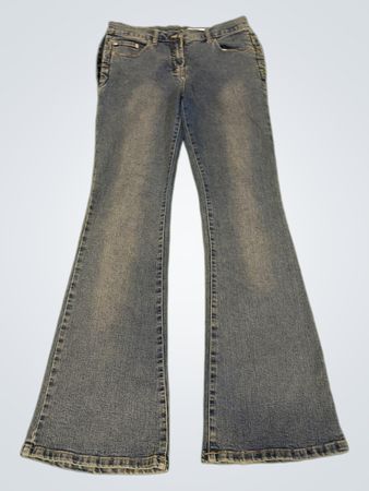 Upcycled Women's Blue Flare Jeans with Cross Embellishments