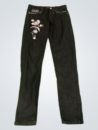 Upcycled Jet-Line Damen schwarze Jeans mit Blumenstickerei