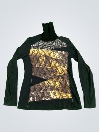 KALISSON Damen Schwarzes Rollkragen Langarmshirt mit dekorativem Vorderteil